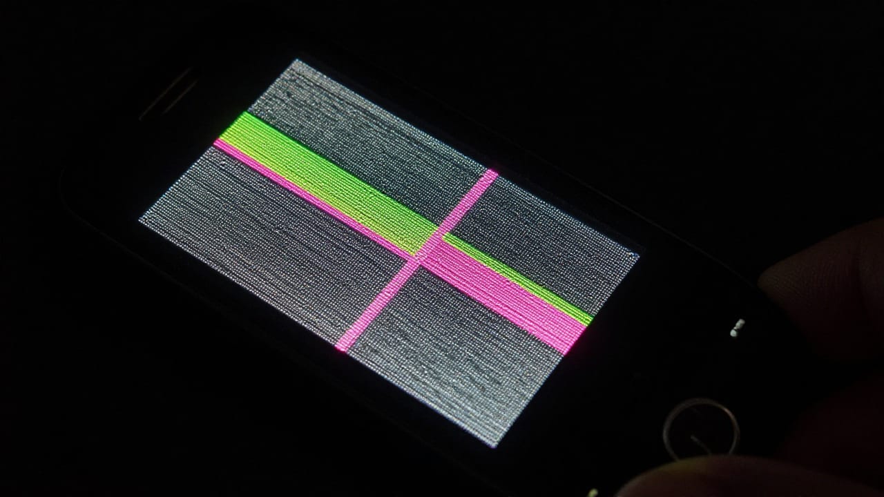 Macro flash photo of an LCD pixel grid with a sliver of green and a sliver of pink